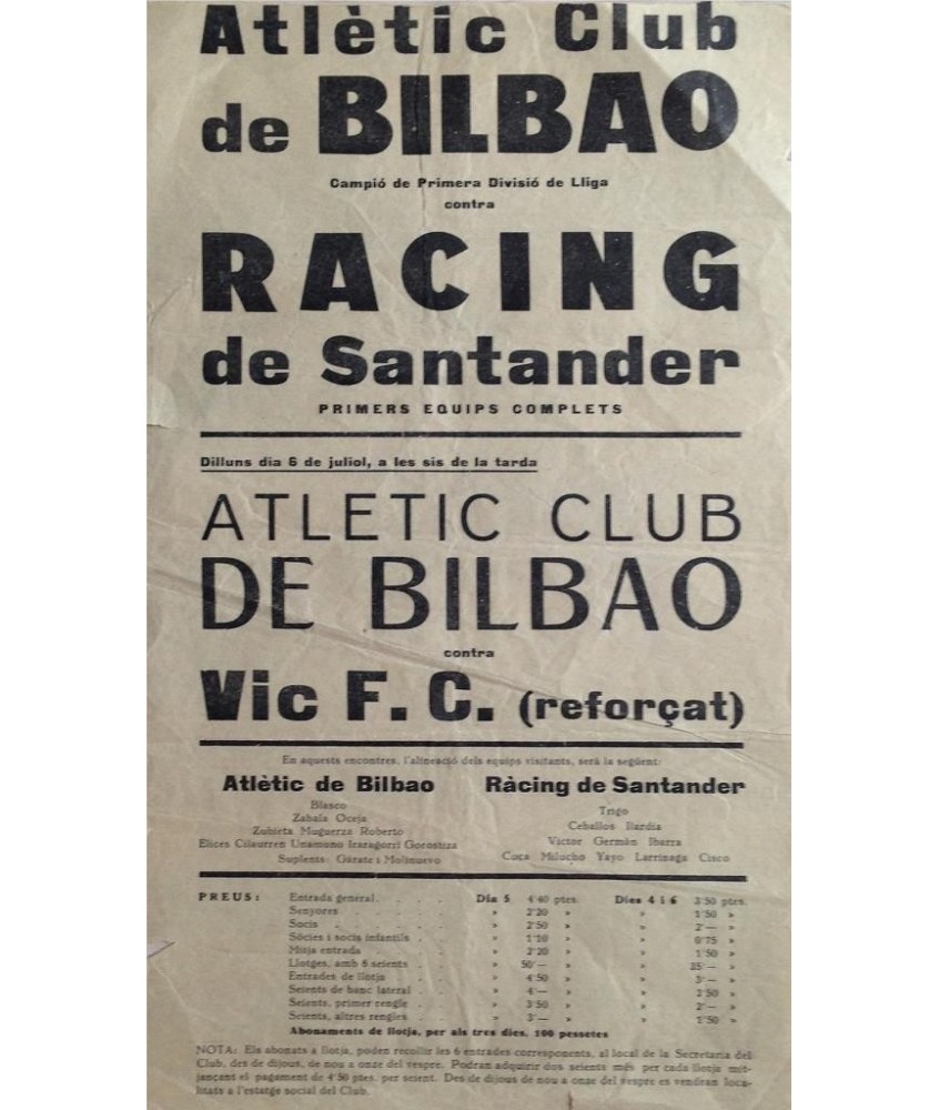 ATHLETIC CLUB DE BILBAO-RACING DE SANTANDER. VIC Ca. 1930