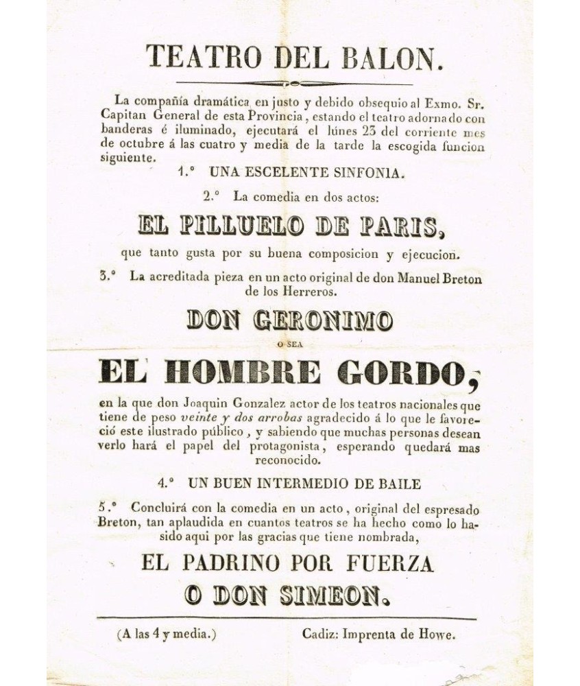 TEATRO DEL BALON. CADIZ. Ca. 1830. DON GERONIMO O SEA EL HOMBRE GORDO