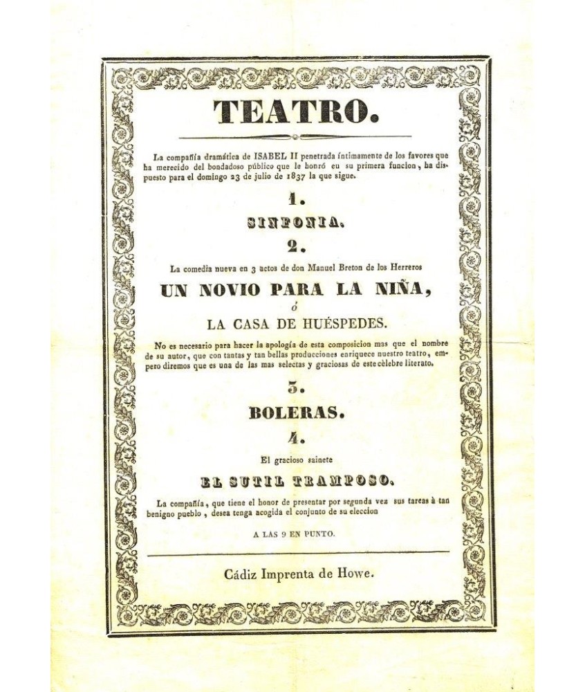 TEATRO (DEL BALON). CADIZ. 1837.UN NOVIO PARA LA NIÑA. BRETON DE LOS HERREROS