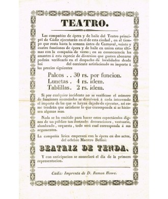 TEATRO PRICIPAL. CADIZ. Ca. 1830. BEATRIZ DE TENDA DEL MAESTRO BELLINI