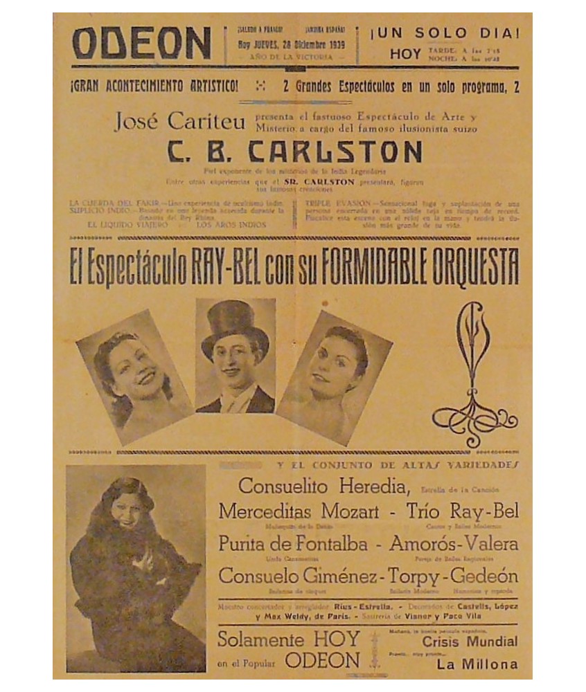 HUESCA 28-12-1939. ILUSIONISTA SUIZO C. B. CARLSTON / RAY-BEL