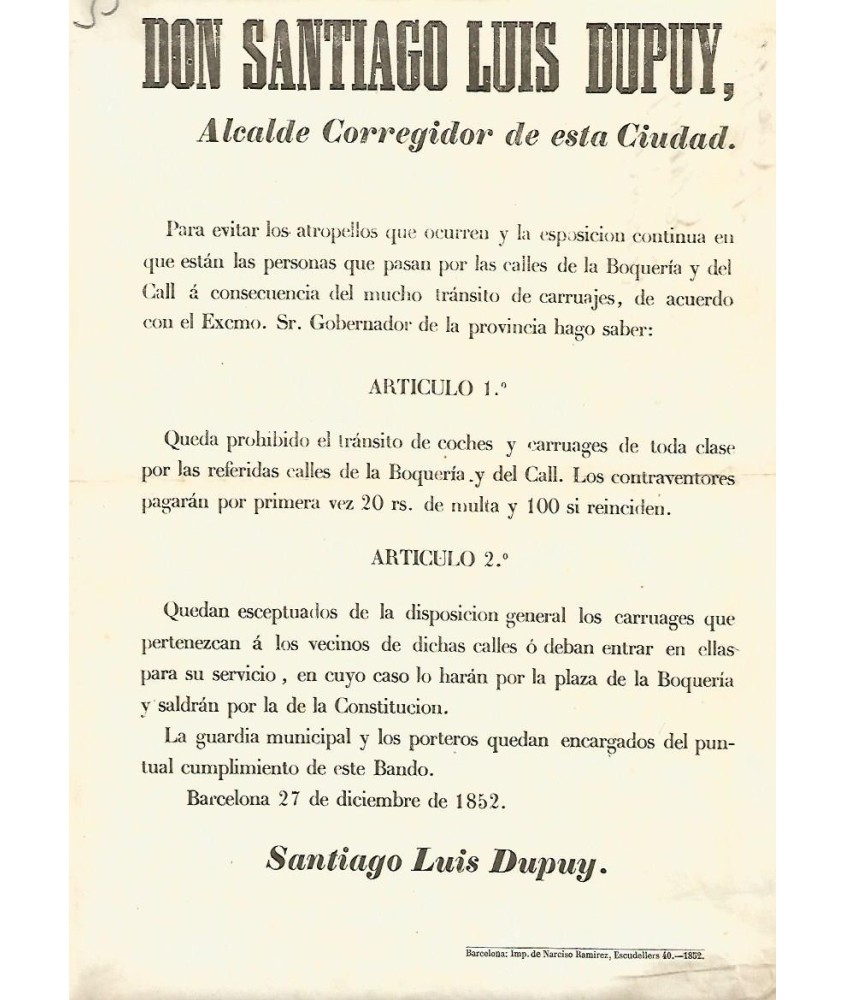 BARCELONA 1852. DON SANTIAGO LUIS DUPUY. CALLE BOQUERIA Y CALL