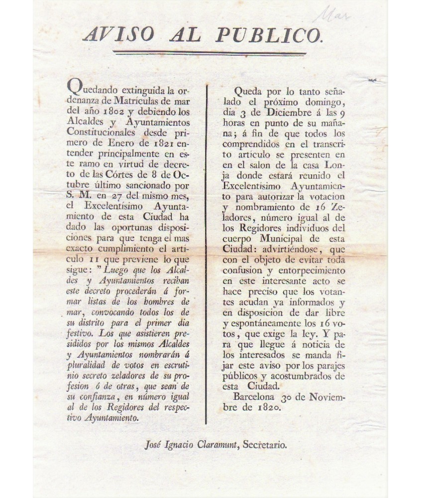 BARCELONA 1820. AVIS AU PUBLIC. NAVIGATION