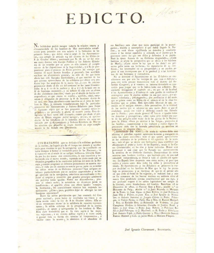 EDICT. BARCELONA 1820. MEN OF THE SEA