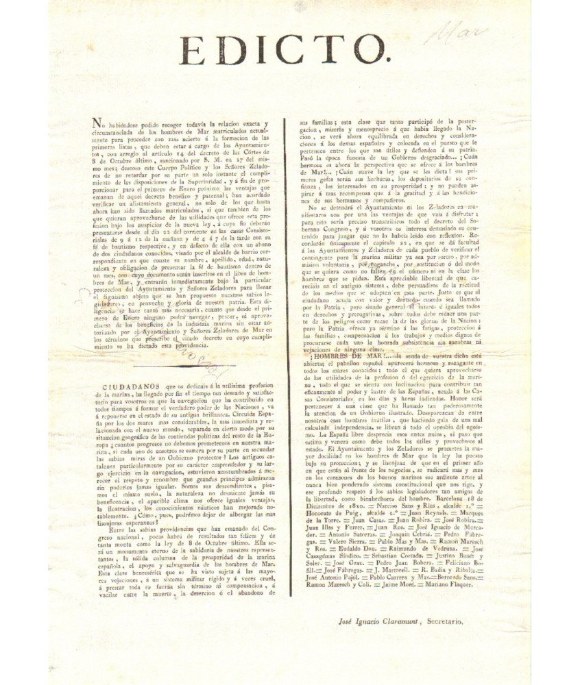 EDICTO. BARCELONA 1820. HOMBRES DE MAR