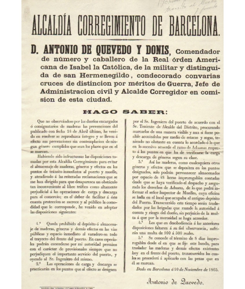 ALCALDIA CORREGIMIENTO DE BARCELONA 1865. PUERTO.