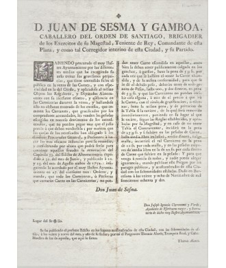 JUAN DE SESMA ET GAMBOA. COMMANDANT ET CORREGIDOR DE BARCELONE 1782. VIANDES