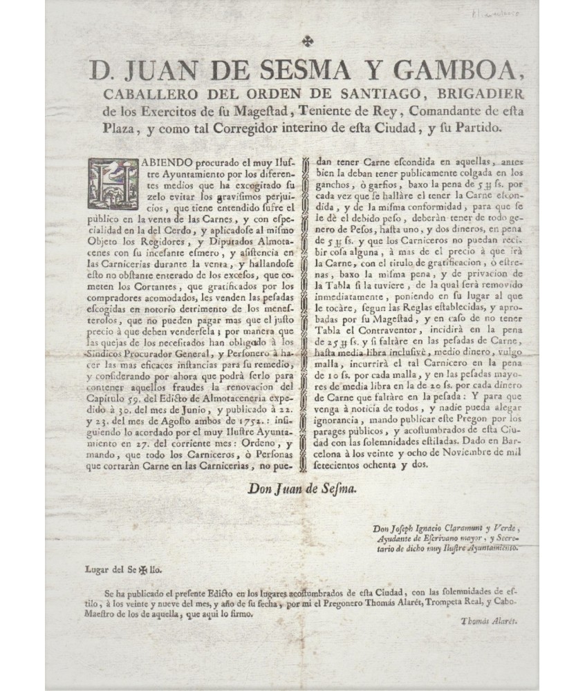 JUAN DE SESMA ET GAMBOA. COMMANDANT ET CORREGIDOR DE BARCELONE 1782. VIANDES