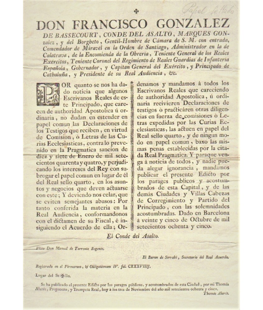 FRANCISCO GONZALEZ. COMTE DEL ASALTO. BARCELONE 1785. PAPIER SCELLÉ