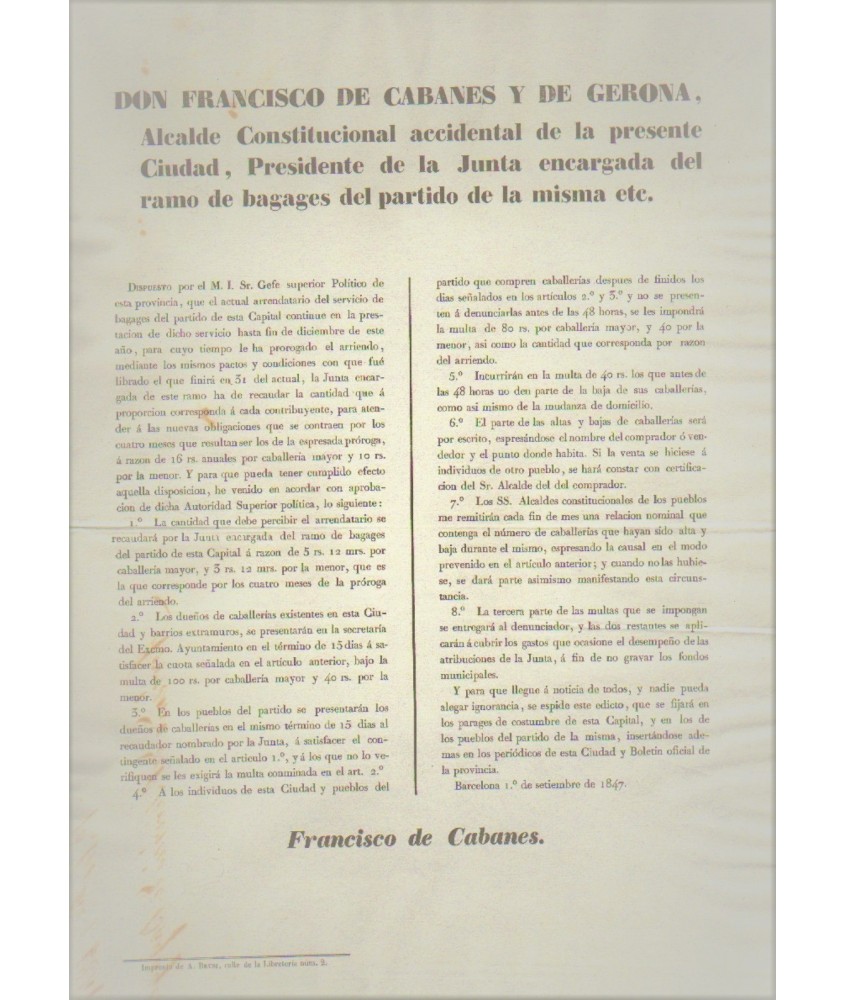 FRANCISCO DE CABANES. MAIRE CONSTITUTIONNEL DE BARCELONE 1847. CABALLERIE