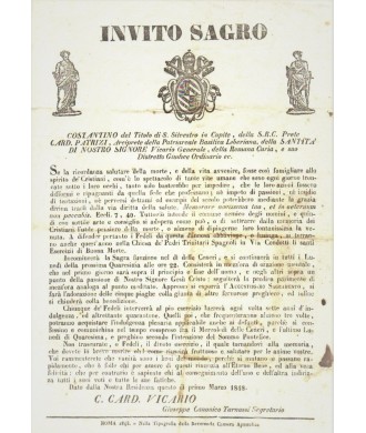 INVITO SAGRO.  CARD. PATRIZI. ROMA 1848