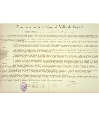 AYUNTAMIENTO VILLA DE RIPOLL. 1928. Fco. PUIG Y ALFONSO, HIJO ADOPTIVO