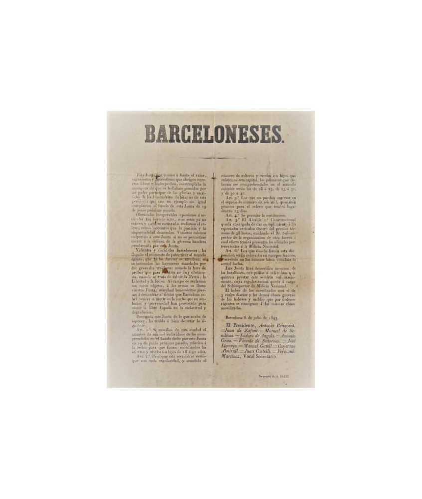BARCELONESES. 1843. APPEAL OF THE REVOLUTIONARY BOARD AGAINST THE GENERAL ESPARTERO