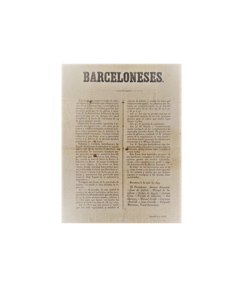 BARCELONESES. 1843. APPEL DE LA COMMISSION RÉVOLUTIONNAIRE CONTRE L'ESPARTERO GÉNÉRAL