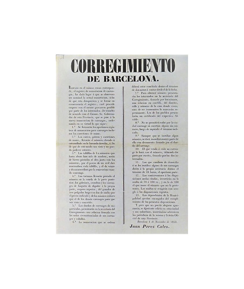 CORREGIMIENTO DE BARDELONA. 1850. MATRICULACION CARRUAJES