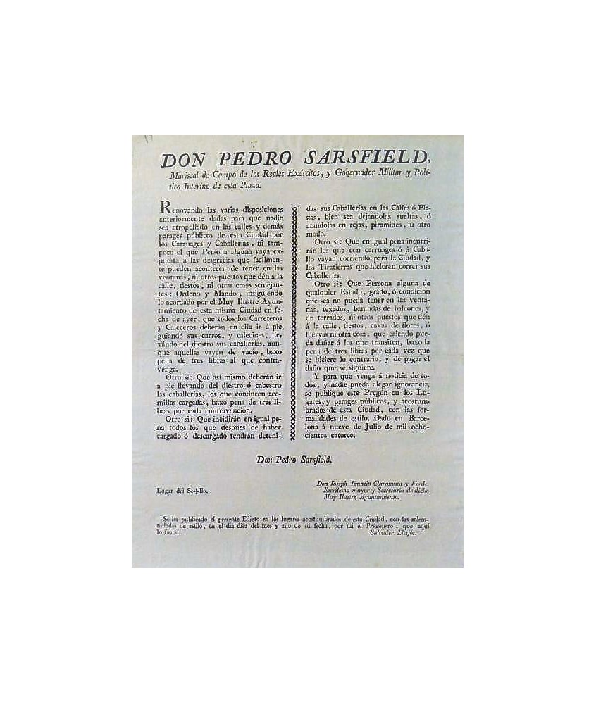 PEDRO SARSFIELD. QUARTERBACK. BARCELONA 1814. CARRIAGES AND CAVALRY