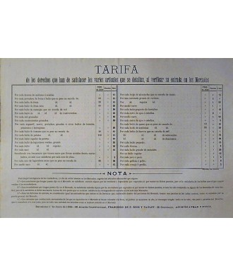 TARIF ... ARTICLES ... ENTRÉE SUR LES MARCHÉS.BARCELONE 1889