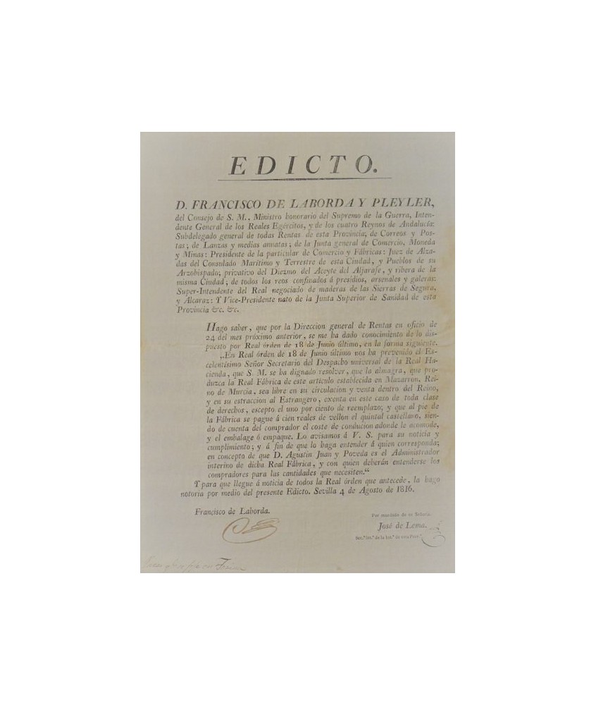 EDICTO. FRANCISCO DE LABORDA DEL CONSEJO DE S.M. MAZARRON1816.ALFARERIA