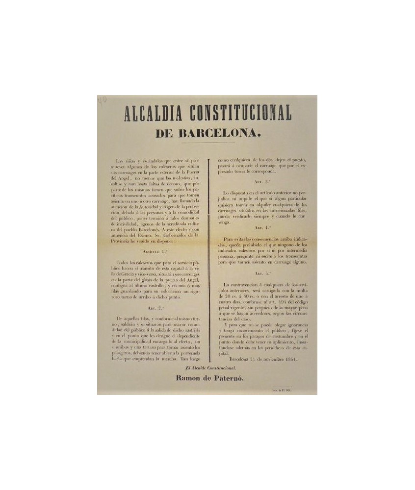 ALCALDIA CONSTITUCIONAL BARCELONA 1851. CARRUAJES