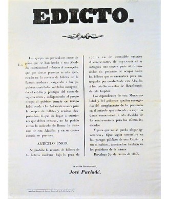 EDICT. BARCELONE 1845. LOTERIE