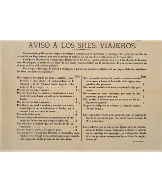 NOTICE TO TRAVELERS. BARCELONA Ca. 1860. RATES