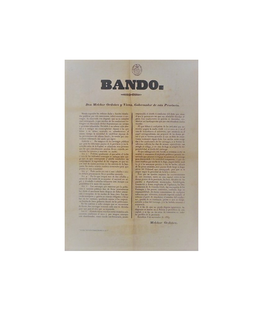 BANDO. MELCHOR ORDOÑEZ. GOBERNADOR. BARCELONA 1853. CARRUAJES