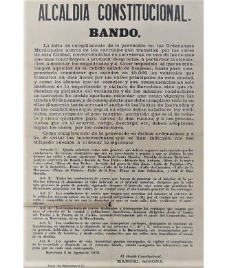 ALCALDIA CONSTITUCIONAL. BANDO. BARCELONA 1876.CARRUAJES