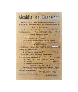 MAIRIE DE BARCELONE. 1918. TARIFS AUTO-TAXI