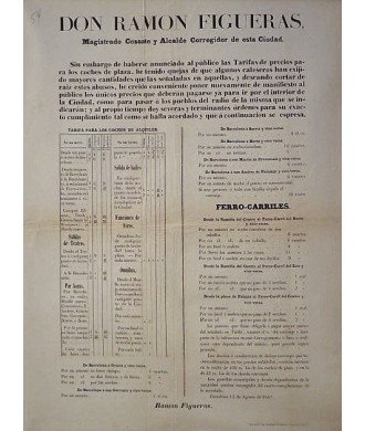 RAMON FIGUERAS. ALCALDE. BARCELONA 1857. TARIFAS COCHES DE PLAZA