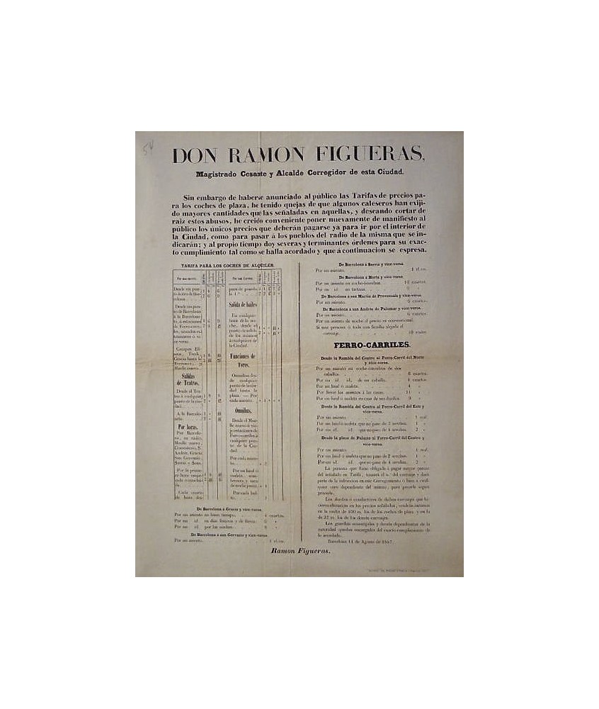 RAMON FIGUERAS. MAYOR. BARCELONA 1857. CAR RATES