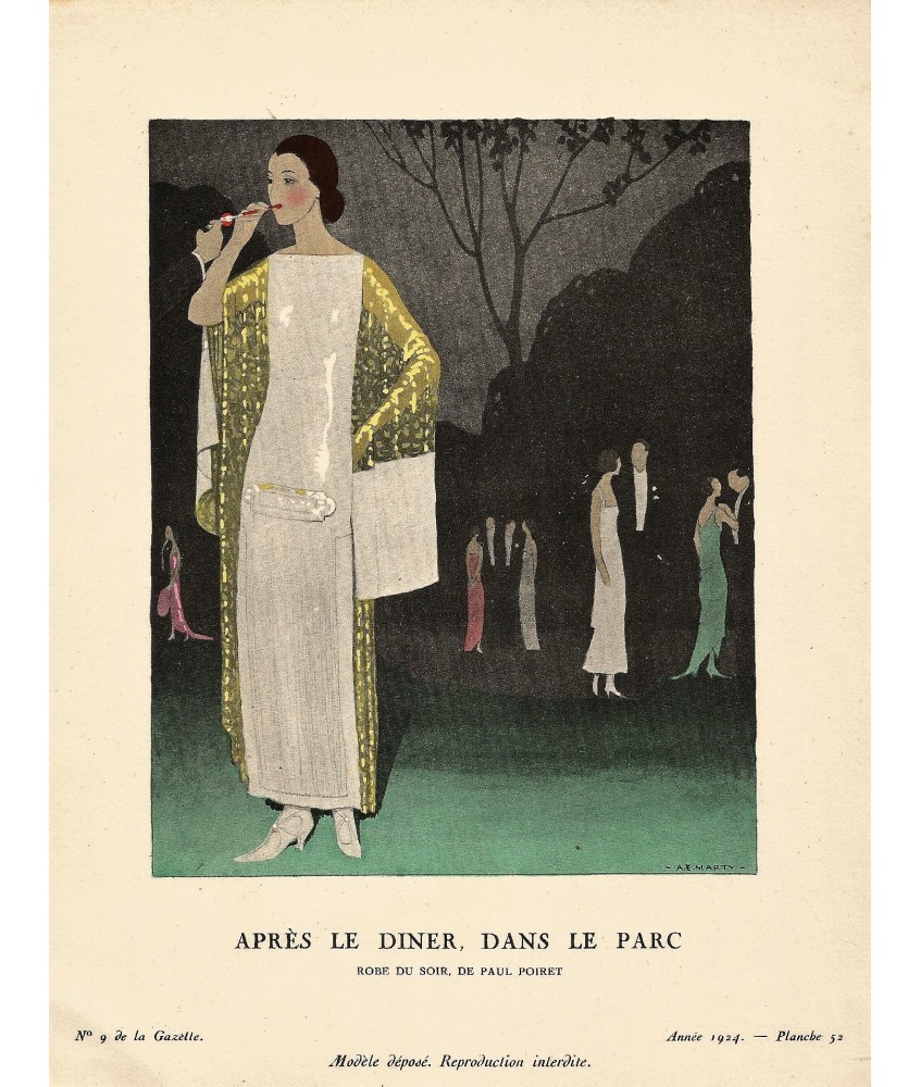 APRES LE DINER, DANS LE PARC. ROBE DU SOIR DE PAIL PORET. ANDRE MARTY. GAZETTE DU BON TON