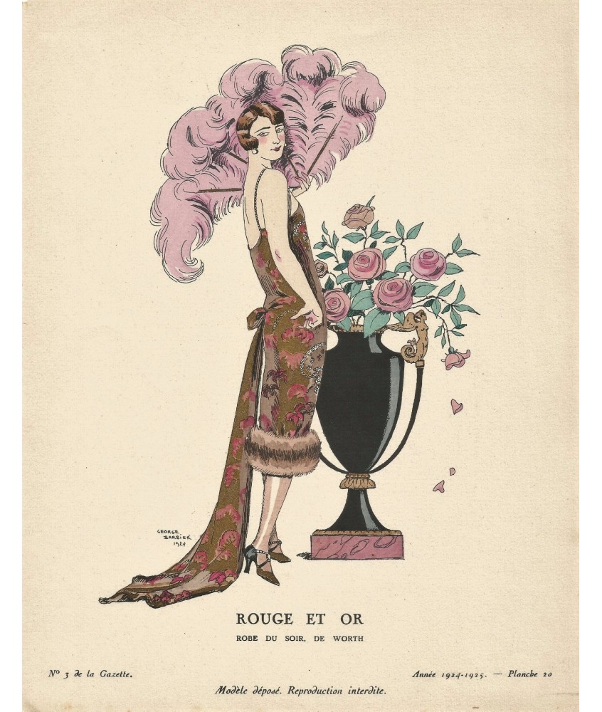 ROUGE ET OR. ROBE  DU SOIR DE WORTH. GEORGES BARBIER. GAZETTE DU BON TON