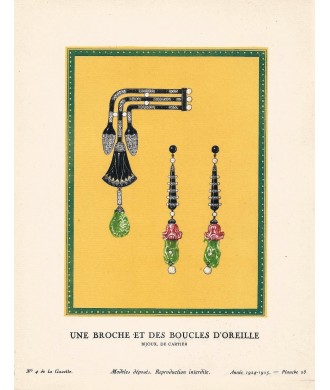 UNE BROCHE ET DES BOUCLES D'OREILLE. BIJOU DE CARTIER. MARIO-SIMON. GAZETTE DU BON TON