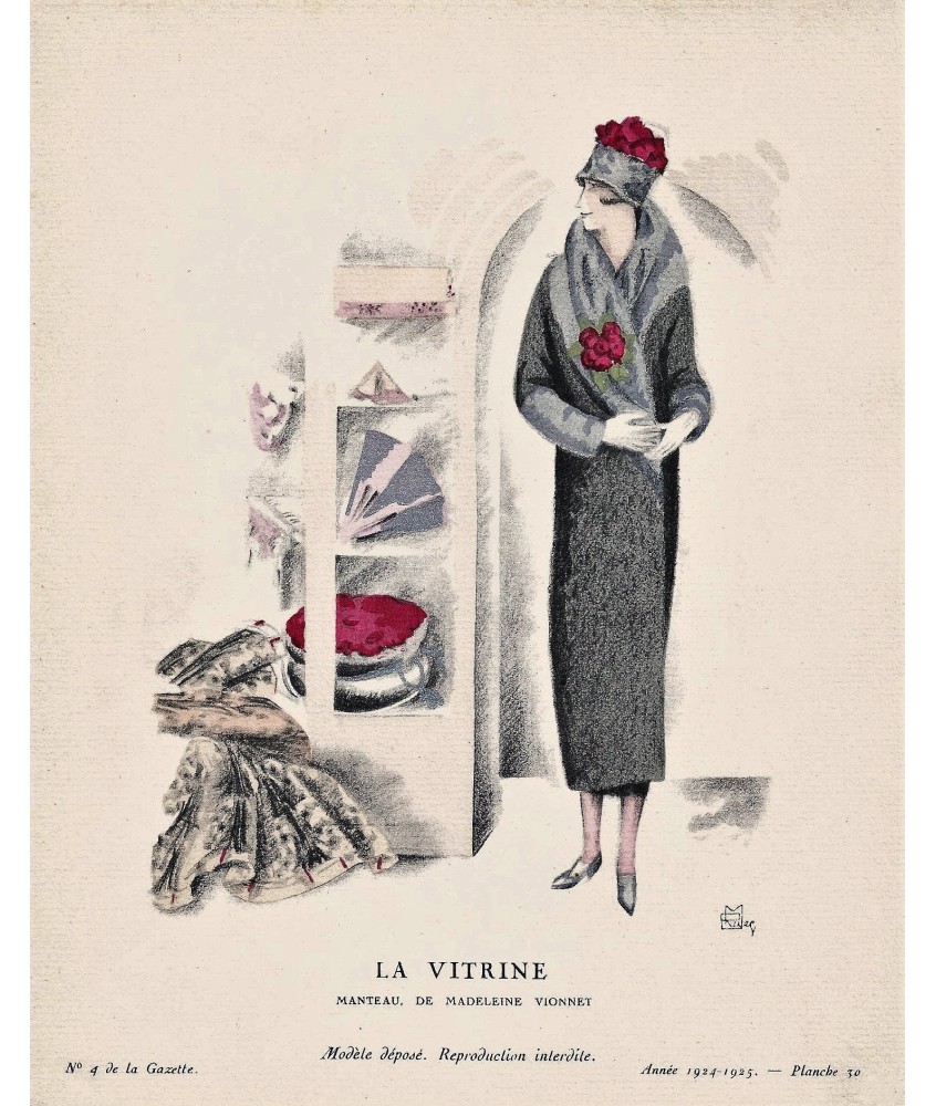 LA VITRINE.  MANTEAU  DE MADELEINE VIONNET. MADELEINE RUEG. GAZETTE DU BON TON