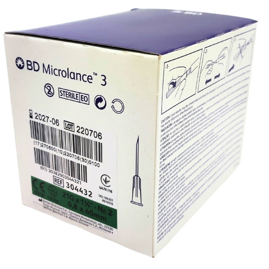 Aguja hipodérmica Microlance 21 g x 2" 0,8 x 50 mm.