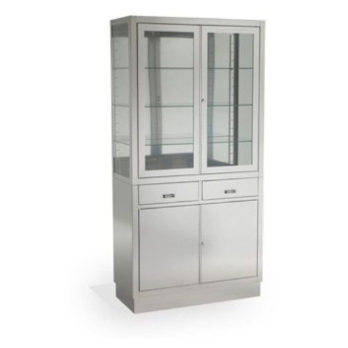 Vitrina Pie Armario 2 Cajones Centrales Inox. con Cristales Templado