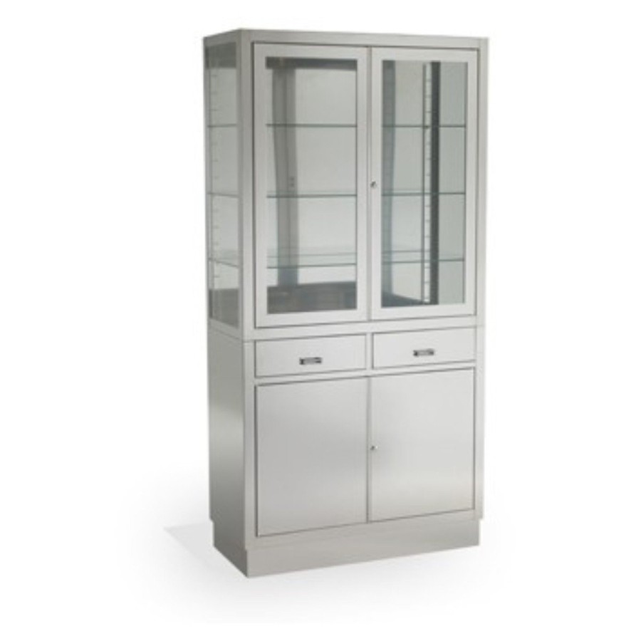 Vitrina Pie Armario 2 Cajones Centrales Inox. con Cristales Templado