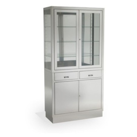 Vitrina Pie Armario 2 Cajones Centrales Inox. con Cristales Templado