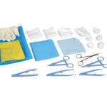 Set de suturas estéril con porta agujas, fórceps y pinzas Kelly.