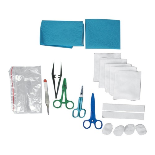 Set de suturas estéril con pinzas Kocher, hemostáticas, y tijeras Littauer.