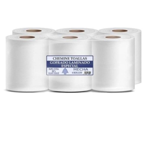 Papel Secamanos Mecha 2C100% Fibra Virgen. 19.5 g/m2 + 19.5 g/m2 -  6 bobinas