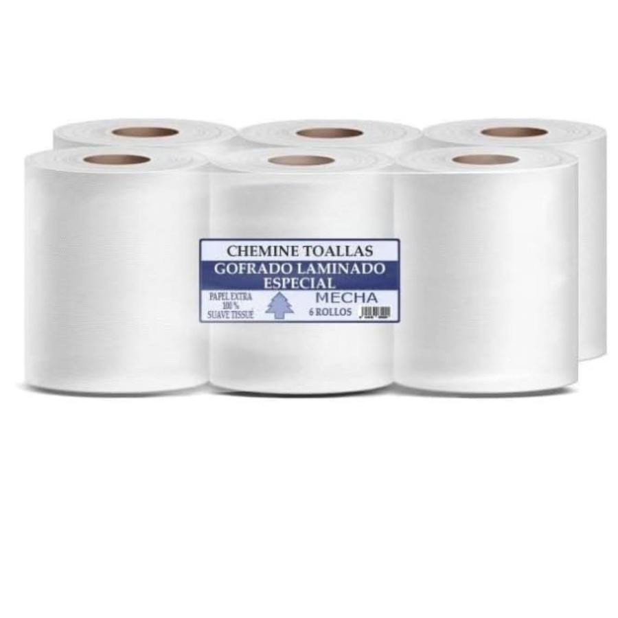 Papel Secamanos Mecha 2C100% Fibra Virgen. 19.5 g/m2 + 19.5 g/m2 -  6 bobinas