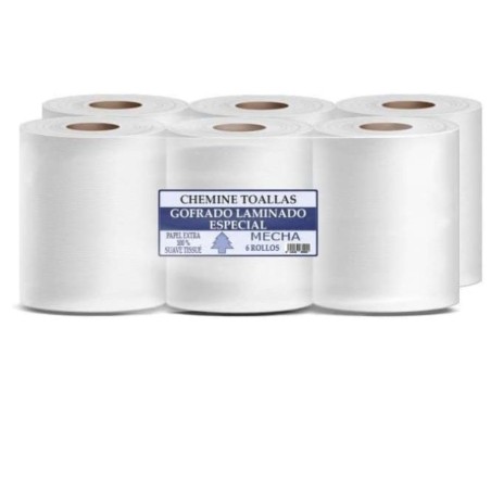 Papel Secamanos Mecha 2C100% Fibra Virgen. 19.5 g/m2 + 19.5 g/m2 -  6 bobinas