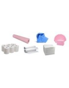 Sábanas ajustables, empapadores y papel protector de camilla.